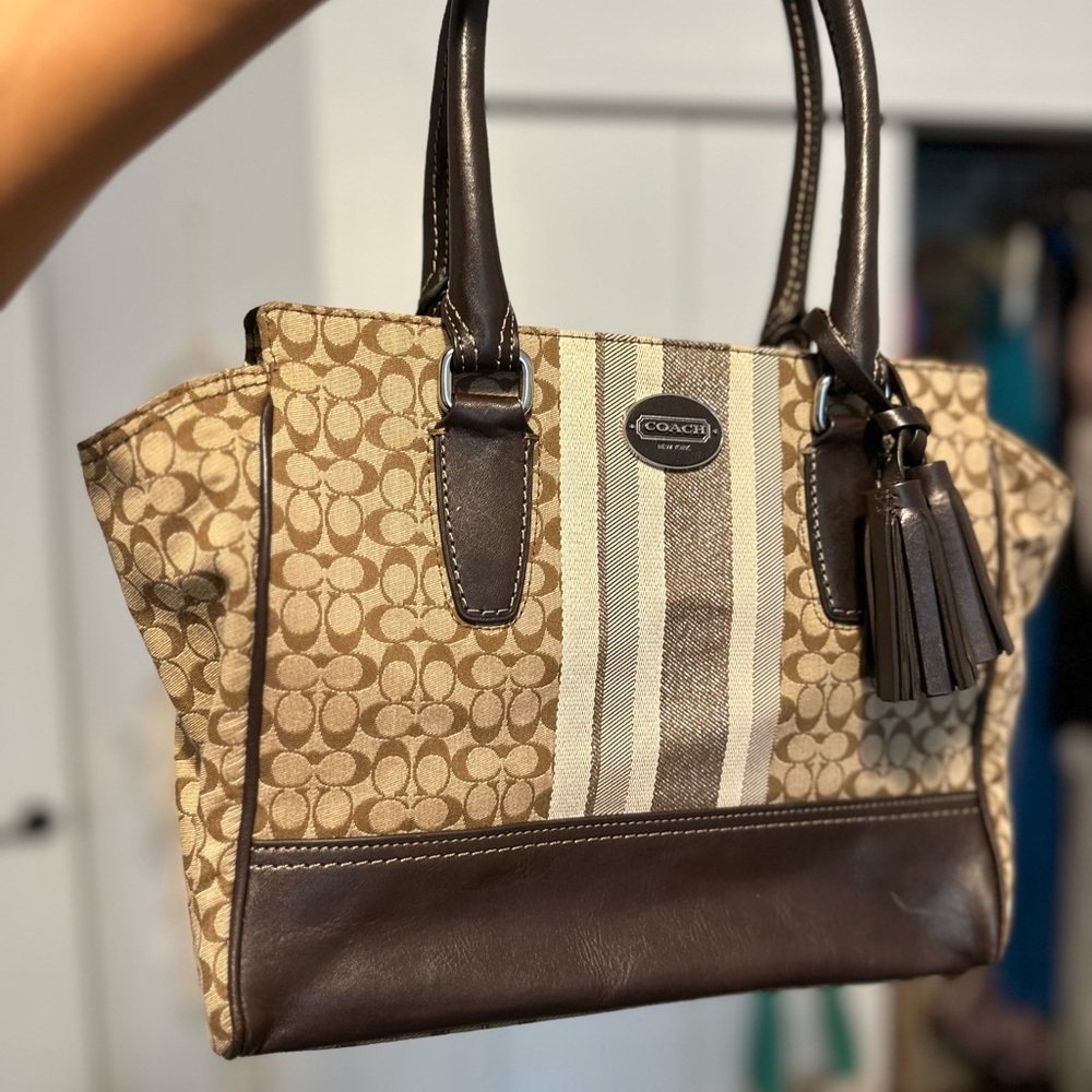 Coach Legacy Signature Stripe Metallic Tan Signature Canvas Brown Leather Purse